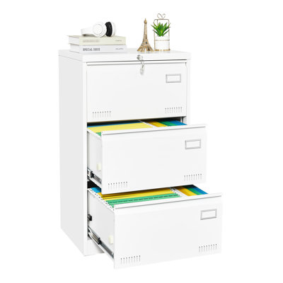 3 Drawer Filing Cabinet In White Metal, Locking, Widened Drawers For Enhanced And Organized Office File Keeping With Lock Secure Handling