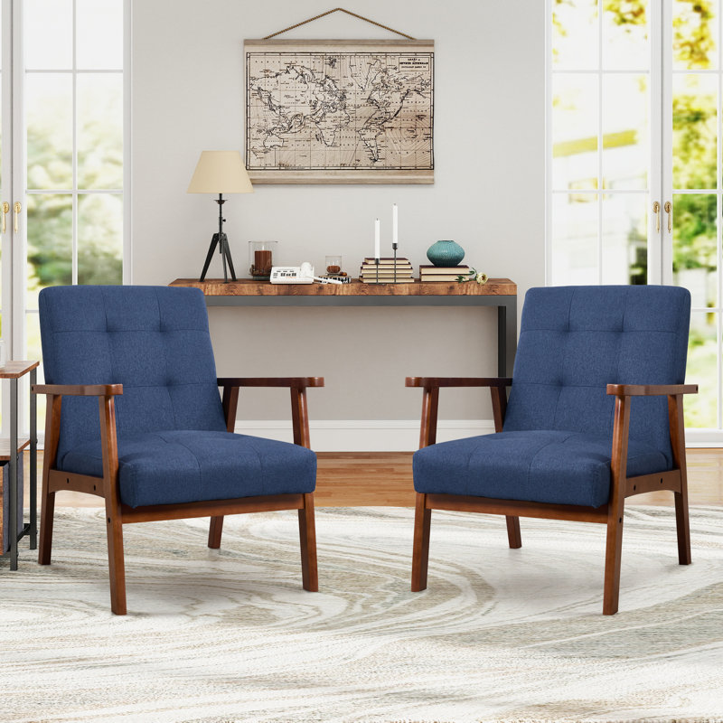 66cm wide Mid-Century Accent Chair With Wooden Armrests & Tufted Upholstered Seat (Set of 2), Blue