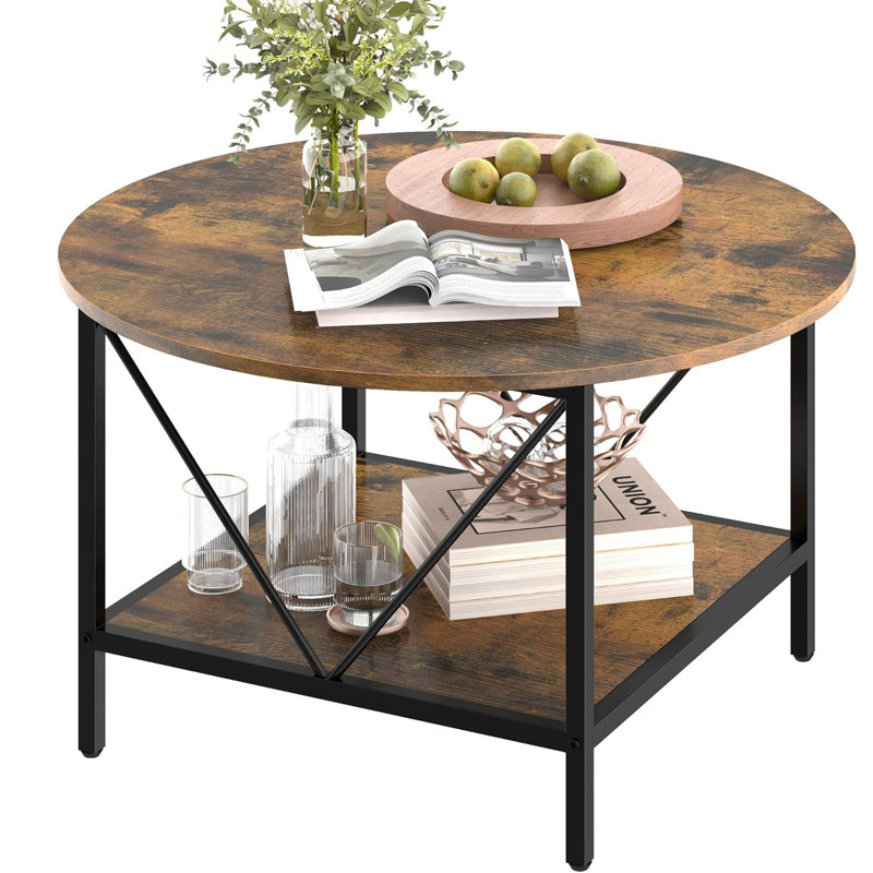 Krystaline 31.5" Coffee Table, 2-Tier Open Storage, Round Coffee Table, Brown Top/Black Base