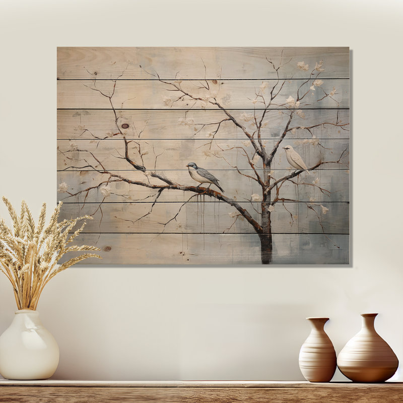 Grey Floral Sprintime Tree Birds II - Tree On Wood Print, 24" H x 32" W x 0.78" D