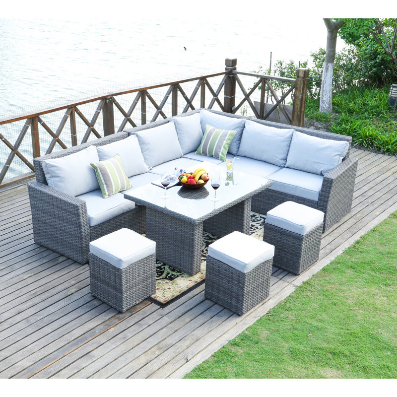 Ensemble de conversation modulaire avec coussins 8 pièces en rotin Perdomo, Gris