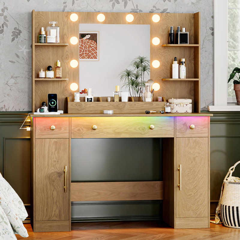 Meuble-lavabo 43,7 po de style ferme avec miroir lumineux et prise de courant, 3 tiroirs, Yellow, Mirror
