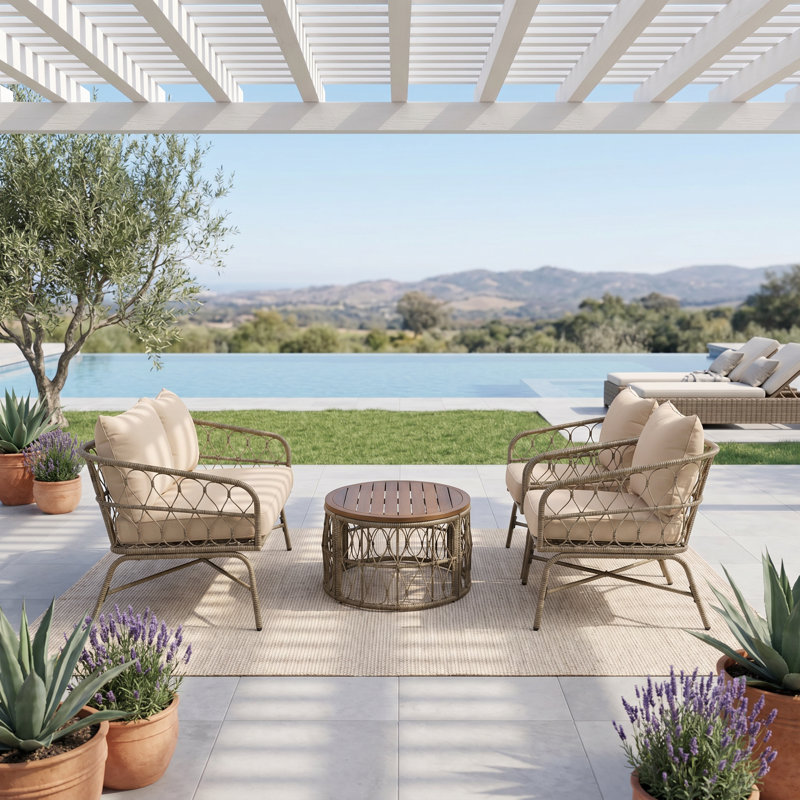 Boho 4-Piece Outdoor Seating Set with Oval Acacia Wood Table & Removable Cushions