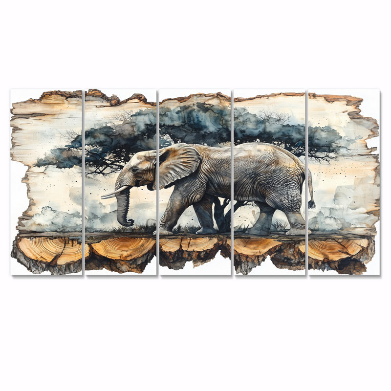 Éléphant sous le baobab, diapositive en bois IV - éléphant, art mural - décoration murale moderne, H 32 po x l 80 po, 5