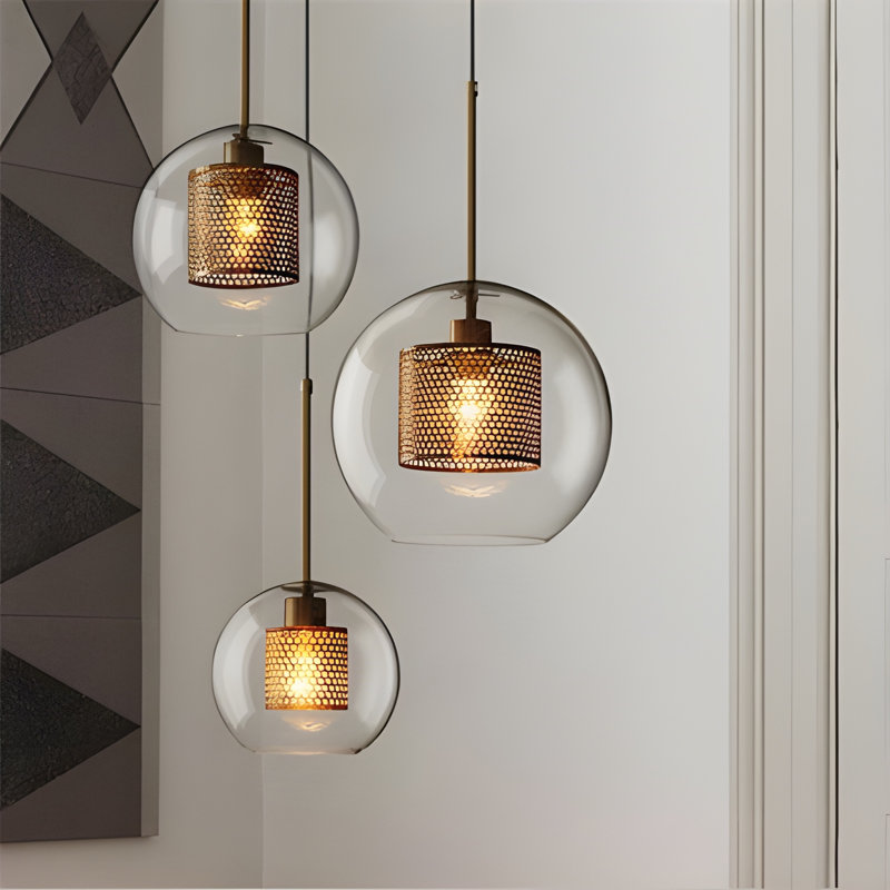 Modern Minimalist Ceiling Pendant Light – Mesh Metal Globe with Glass Lantern Shade, E27 Bulb