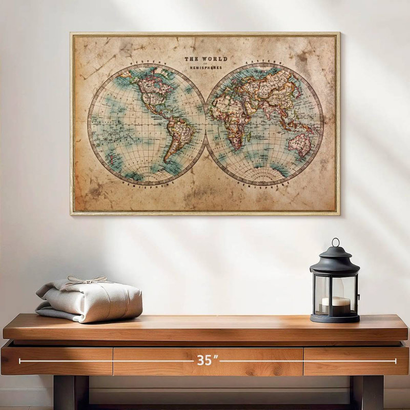 Hemisphere Map, 25" X 17", Floating Frame Natural Wood