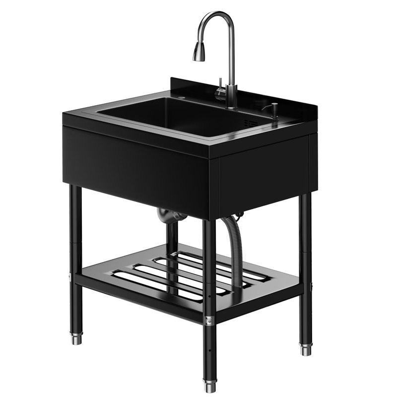 Bassin utilitaire robuste en acier inoxydable, cuve unique profonde sur pied – Robinet extractible à 360° pour eau chaude et froide, pour buanderie, garage, atelier, avec tuyaux et trousse de vidange, 65,3 cm × 52,6 cm × 100,3 cm