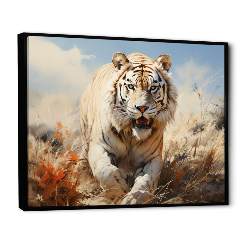 «White Tiger On Rolling Grassland I», reproduction d'art sur toile, Cadre flottant noir, H 24 po x l 32 po x P 1 po