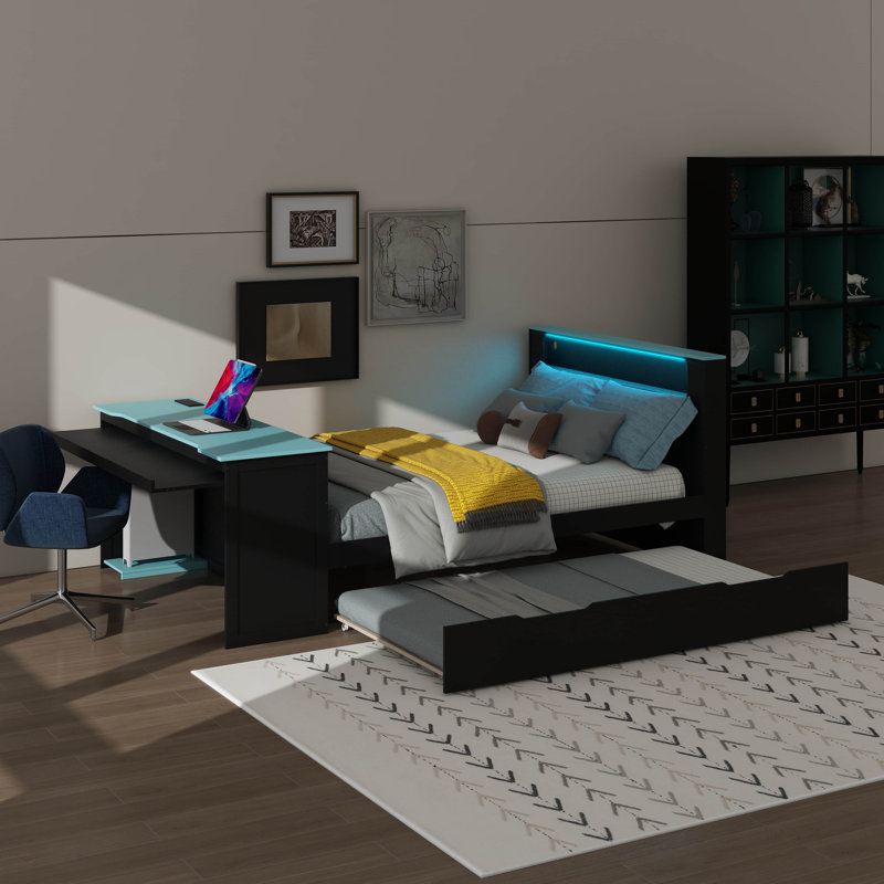 Le lit de jour en bois comprend un lit coulissant simple, une station de travail, un éclairage à DEL et un connecteur USB