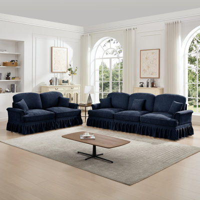 Ensemble de canapé de salon modulaire classique 2 pièces avec accoudoirs évasés et volants amovibles, jupes plissées et pieds fuselés, canapé 3 places + ensemble de canapé causeuse 2 places pour le salon, bleu