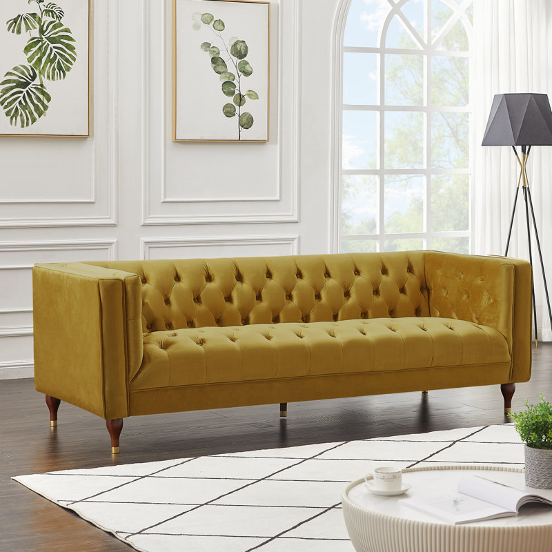 Canapé Chesterfield de style moderne Mid-Century de 84 po Emerson, Velours doré