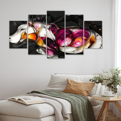 Pink Cubist Hippo Accented With Orange - Hippopotamus Wall Decor Set
