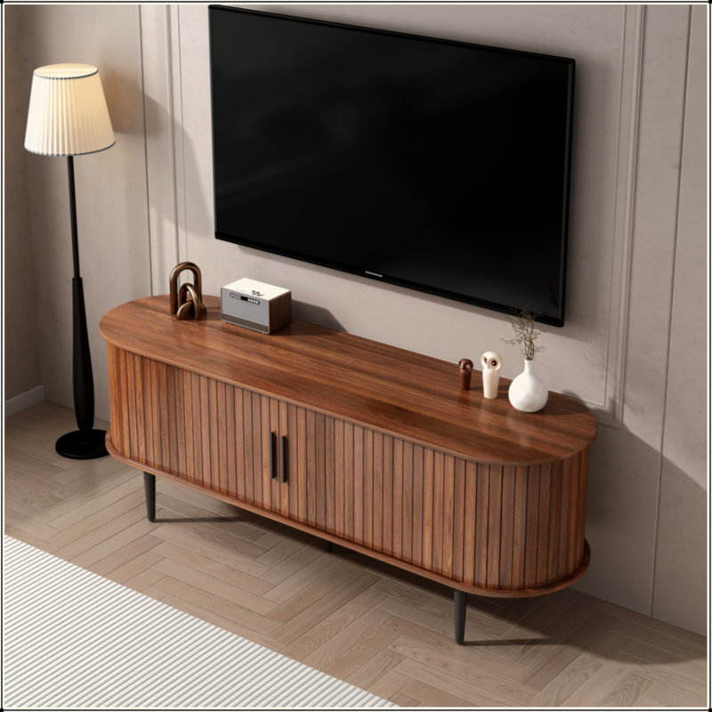 Meuble télé, console de télévision moderne de 55 po avec compartiment de rangement et porte coulissante, centre de divertissement de jeu avec armoire pour salon, chambre à coucher, bureau