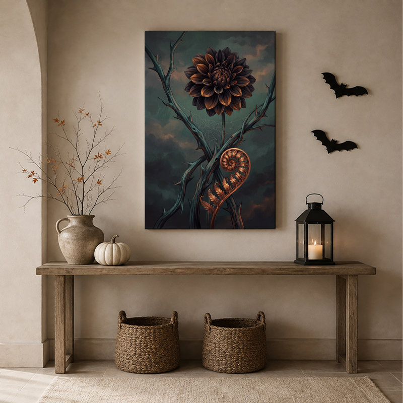 Toile murale d'Halloween représentant une fougère cuivrée en spirale, avec des branches épineuses et des fleurs sombres.