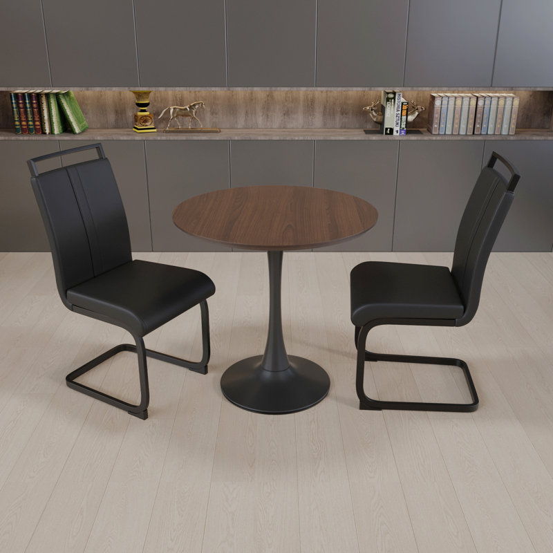 Table de salle à manger 31,5 "circulaire, table de salle à manger Tulip, table de salle à manger pour 2 à 4 personnes, plateau et base en MDF et 2 chaises de salle à manger en métal noir