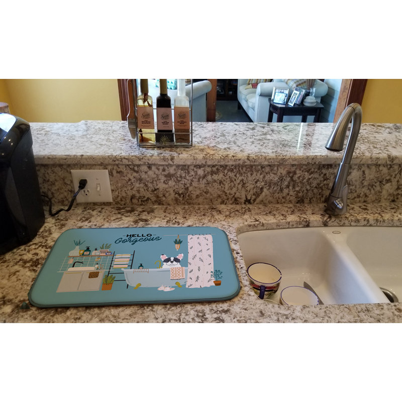 Tapis de séchage caniche dans la baignoire, Bouledogue français Piebald