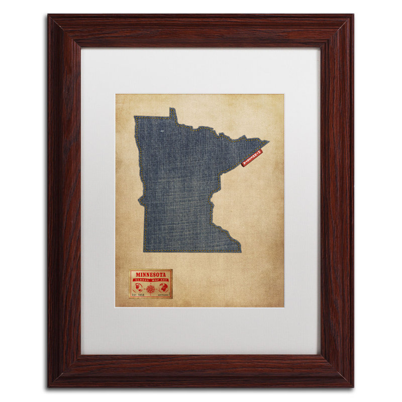 « minnesota map denim jeans style » par michael tompsett, impression encadrée, H 14 po x l 11 po, Blanc, Cadre brun