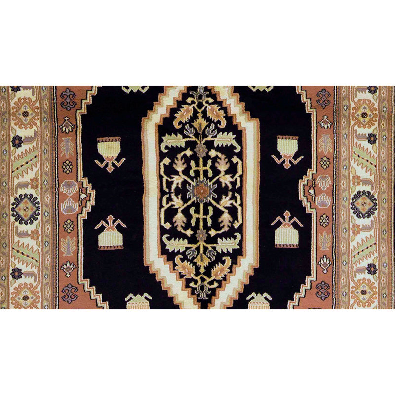 Tapis rectangulaire noir / rose / vert / beige en laine noué à la main 6 pi 1 po x 8 pi 11 po