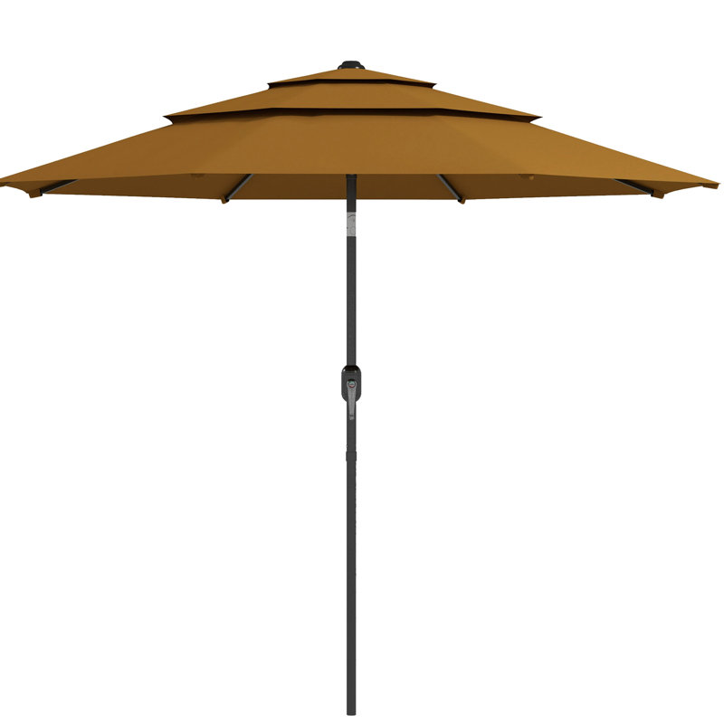 Parasol de patio brun clair de 9 pi 3 po avec manivelle, inclinaison à bouton-poussoir pour terrasse, jardin, terrasses idéales pour la pelouse et les jardins, 3 parasols