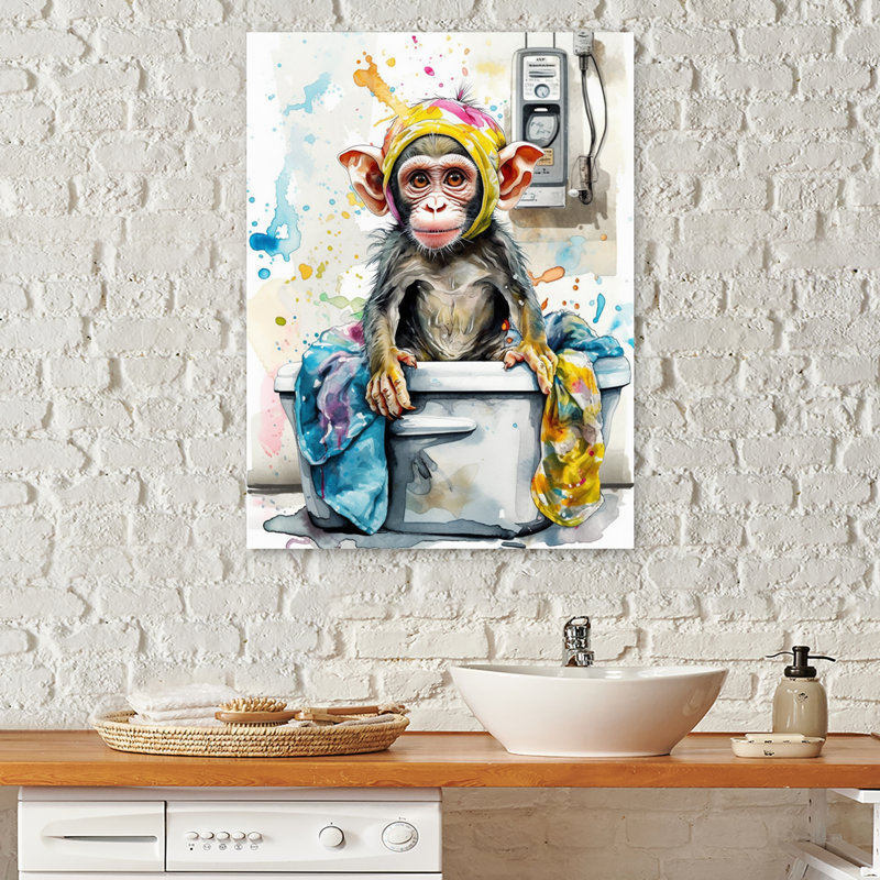 Singe noir dans la salle de lavage - Reproduction d'art mural, H 20 po x l 12 po x P 1 po
