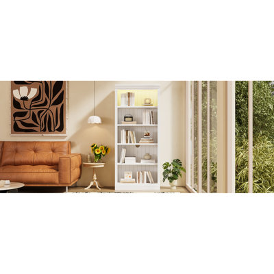 83.4 Inch Tall Wood Bookcase with LED Light Strip, 5-Tier Adjustable Shelves for Books and Decor, Free Standing Storage Organizer, White
