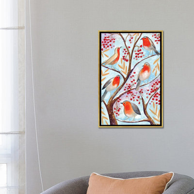 Winter Birds Robins Christmas Snow - Wall Art Print - Framed Canvas