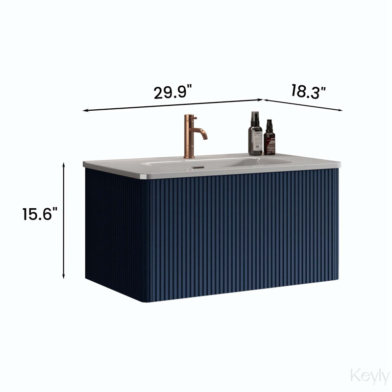 Meuble-lavabo mural rayé 30 po avec lavabo en céramique, Bleu marine