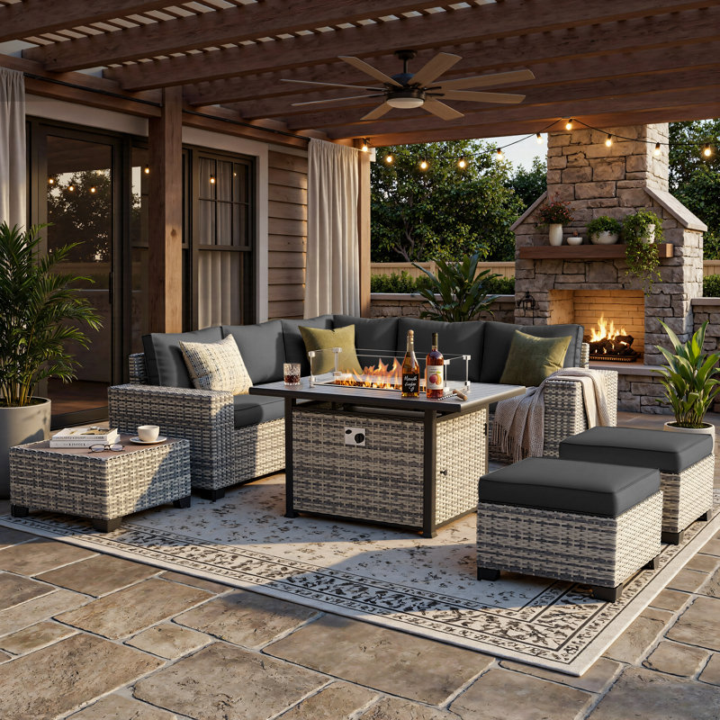 9-Piece Outdoor Modular Patio Conversation Set With Fire Pit Table, Sectional Sofa & Ottomans, Black