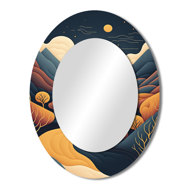 Lune orange dans les montagnes Blue River - miroir décoratif ovale sur métal, 43 po x 33 po