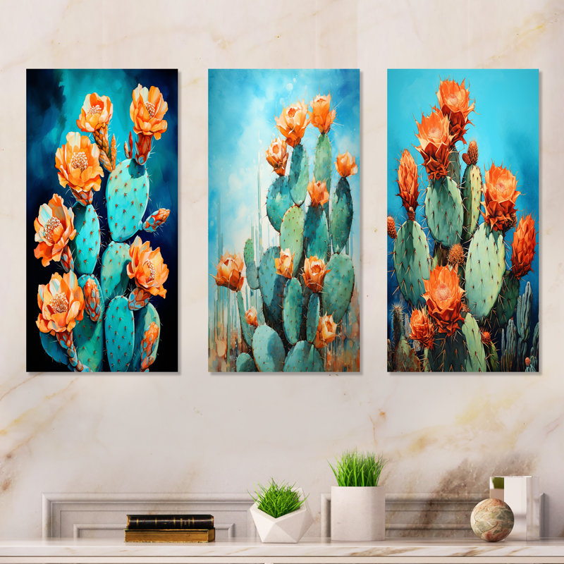 Cactus Blue And Bronze Brush - Cactus Metal Wall Decor Set Of 3, 28" H x 36" W