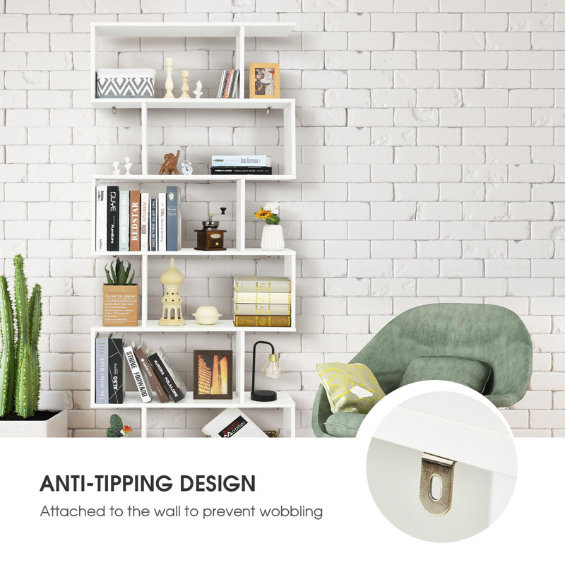 White S-Shaped 6-Tier Wooden Geometric Bookcase