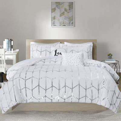 Oreiller et édredon double / grand imprimé métallique - géométrique argenté sur fond blanc, 2 taies décoratives, coussins décoratifs, imprimé confort, microfibre douce, froissable, lavable à la machine