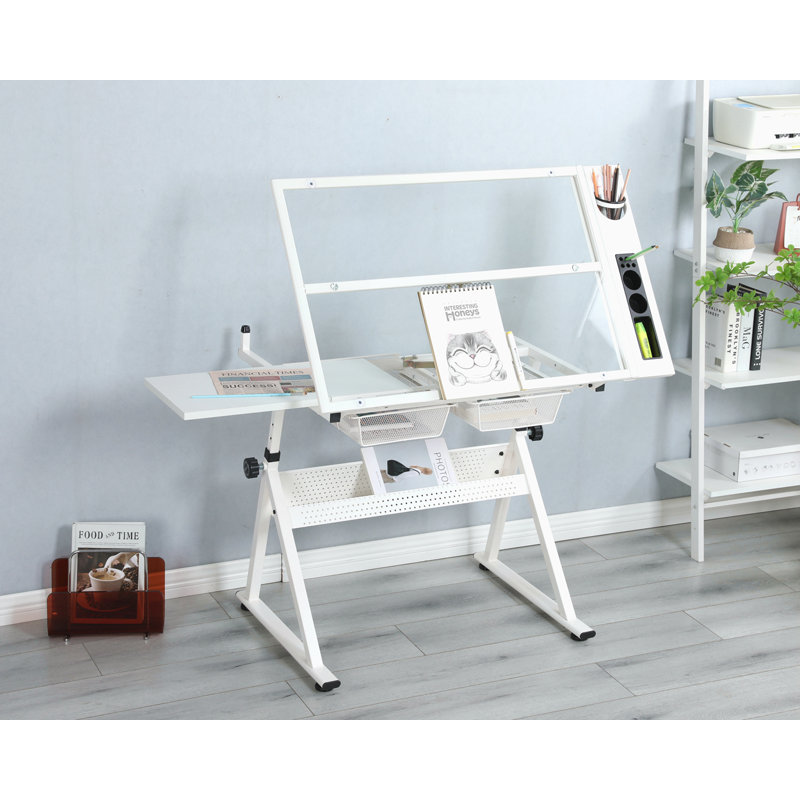 Table à dessin réglable en verre trempé avec chaise, Blanc