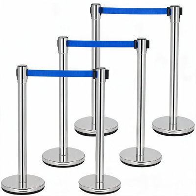 Crowd Control Barriers 6 Pack – 6 Stanchions with 6 Retractable Belts, Heavy-Duty Steel Posts, 4-Way Belt System, Fillable Base for Queue Management,