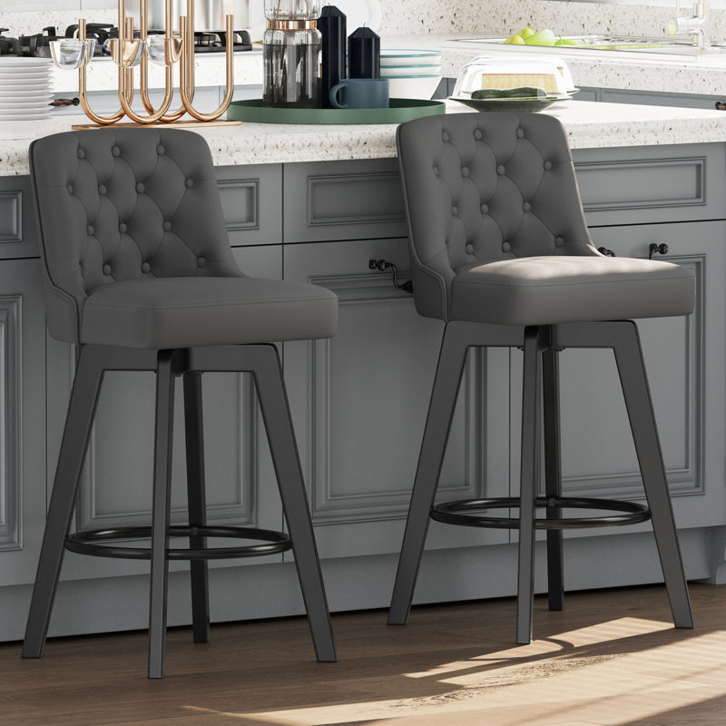 Minceta Swivel Bar Stools Set Of 2, 30 Inch Counter Height Pu Leather Upholstered Barstools With Low Tufted Back & Footrest, Solid Beech Wood Legs For Kitchen Island Home Bar Dark Gray