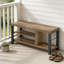 Banc de rangement pour chaussures avec sièges, banc d'entrée industriel pour le couloir, le salon et la chambre à coucher, finition chêne rustique avec cadre en métal noir, range-chaussures de 43,3 pouces et porte-chaussures
