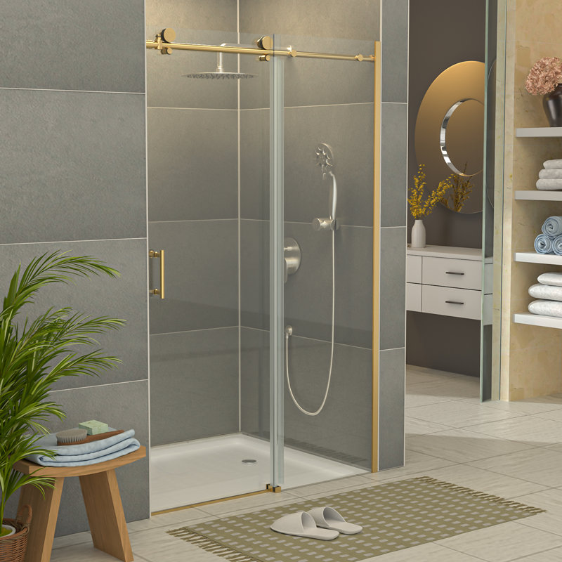 48"- 48 13/16" W x 76" H Single Sliding Frameless Shower Door with 5/16 in. Clear Tempered Glass, Gold