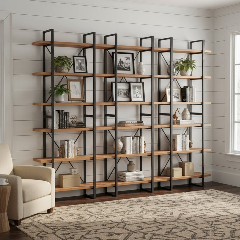 Lotus Large 7-Tier Walnut Color Room Division and Library Bookshelves, 86" H x 106" W x 12.5" D