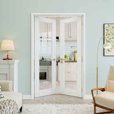 80" 1-Lite Clear Glass Double Doors, French Doors Slab Replacement, Clear Glass Door Slab, Paintable & Waterproof, Suit for Pantry Door, Laundry Door, Closet Door, Room Door, Home Office Door