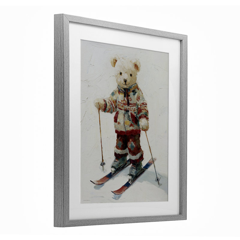 «Bear on Skiing Adventure», reproduction encadrée sous verre, conception de Svetlana Aleynikova, Cadre de ferme gris