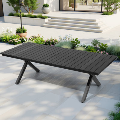 8-12 Person Plastic Desktop & Aluminum Frame Rectangular Outdoor Dining Table with Umbrella Hole