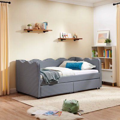 Lit de jour simple en vichy douillet avec deux tiroirs de rangement, avec port USB et adorable tissu en forme de vague