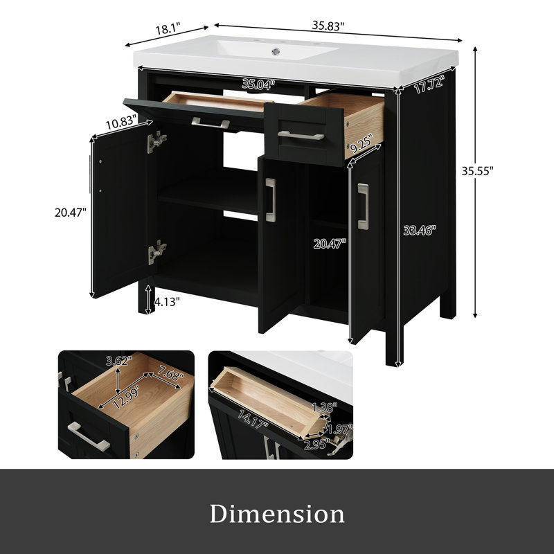 Meuble-lavabo 36 po avec lavabo intégré en résine - 2 tiroirs, 3 portes, Noir