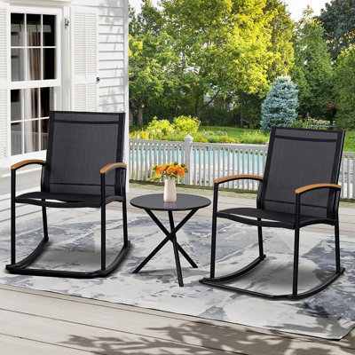 3-Piece Outdoor Rocking Bistro Set, Textilene Rocking Chairs with Side Table, Weather-Resistant Steel Patio Furniture Set for Porch, Lawn, Garden, Balcony and Poolside, Black