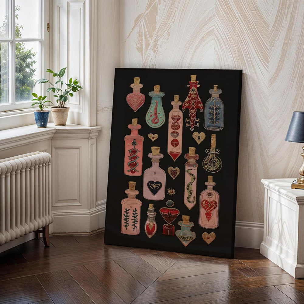 Gothic Witchy Canvas Wall Art Occult Heart Potion Bottles Picture Wall Decor Dark Academia Decor Pink Magic Maximalist Poster Tarot Aesthetic Painting