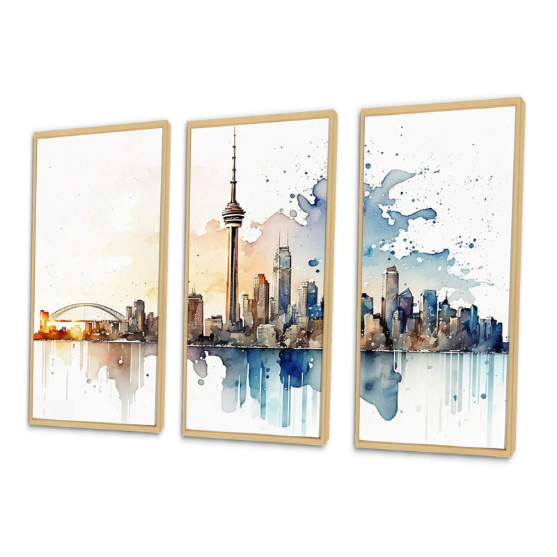 Toronto Skyline I - 3 pièces sur toile, Encadré naturel, H 32 po x l 48 po