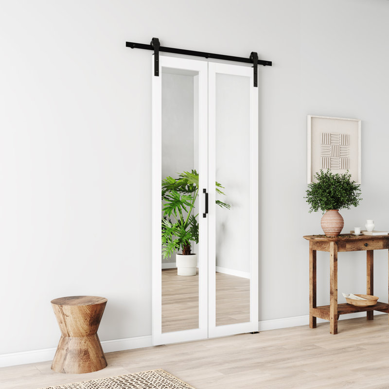 Porte de grange pliante en bois sans finition avec miroir, 42 po x 84 po