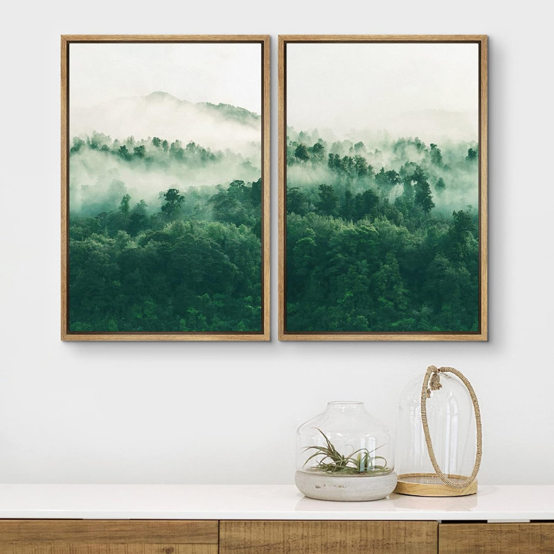 Vue aérienne de la forêt de montagne verte brumeuse, impression de paysage, 2 pièces, Cadre naturel flottant