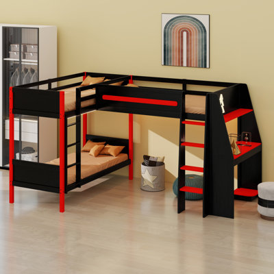 L-Shaped Bunk Bed With  Gaming Loft Bed,Built-In Desk, Shelves And LED