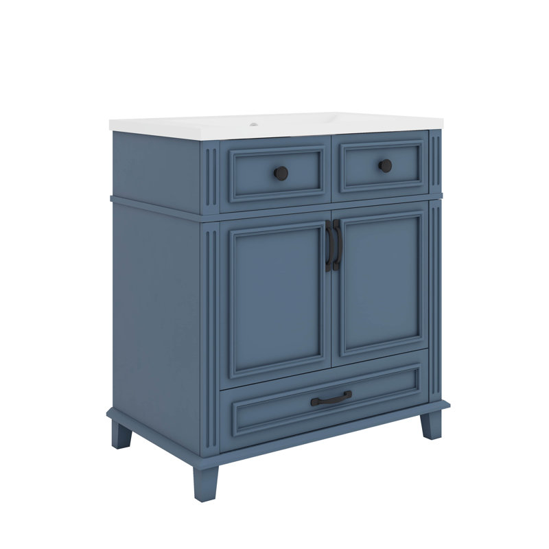 Meuble-lavabo de salle de bain 30 pouces avec 2 portes et 1 tiroir profond, Bleu / Noir